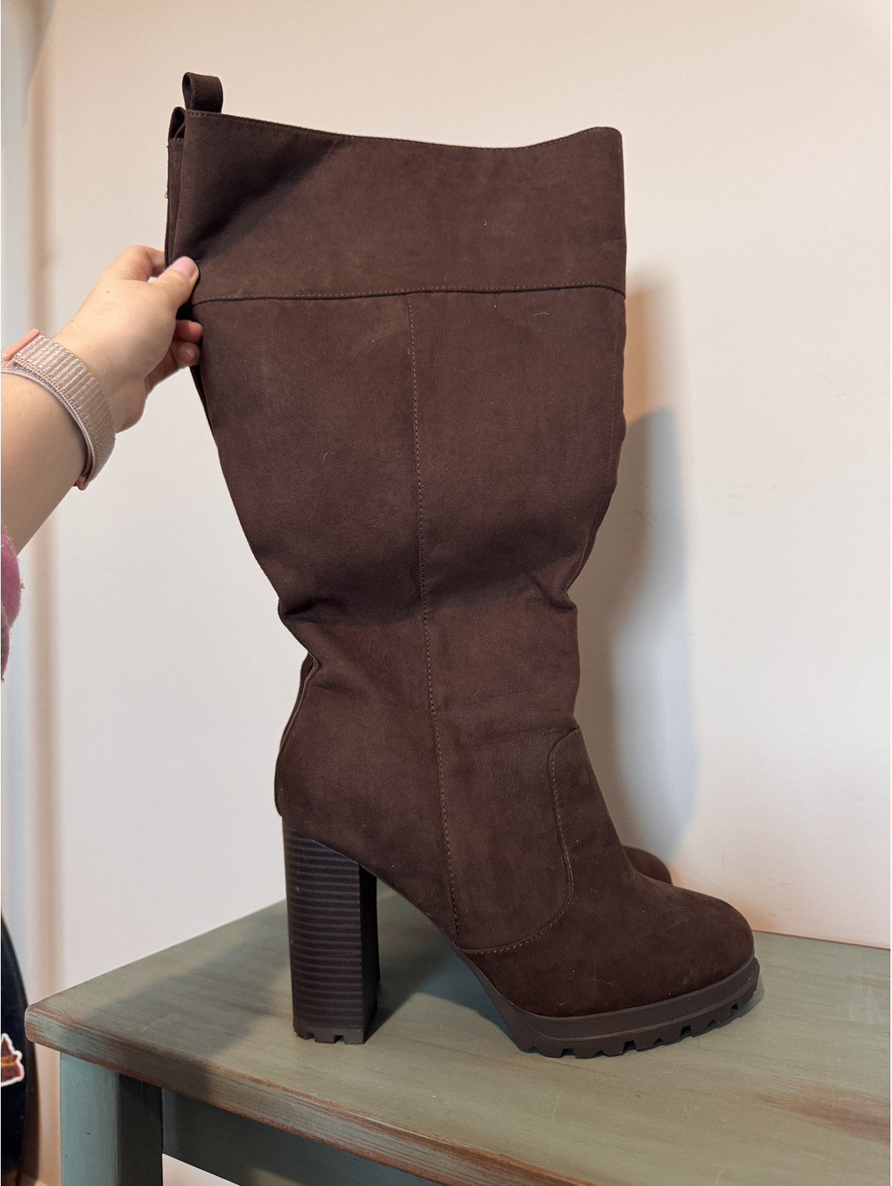 JustFab Brown Faux Suede Knee-High Boots with Chunky Block Heel Size 11
